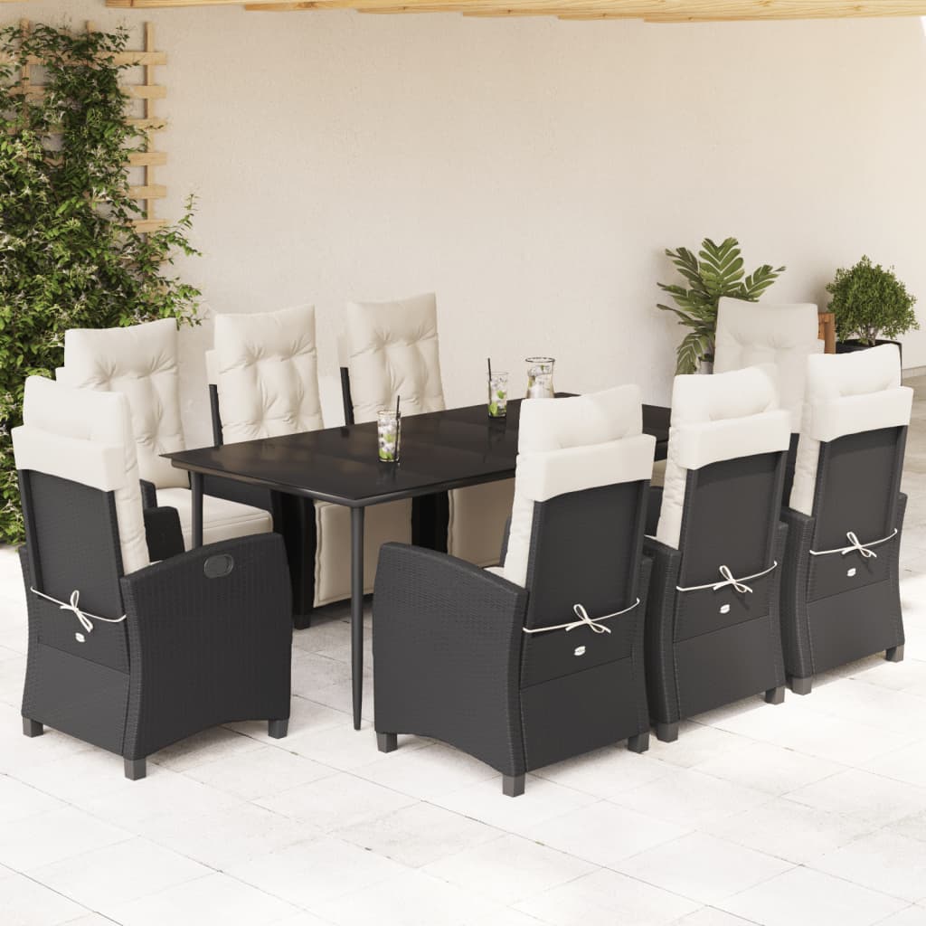 9-tlg. Garten-Essgruppe mit Kissen Schwarz Poly Rattan